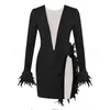 Casual Dresses Womens Sexy Shiny Bodycon Mesh Feather Patchwork Dress Deep V Neck Long Sleeve Solid Mini för Club Party