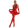 Sexy Kostüme Frauen Sexy Club Reißverschluss Wetlook PVC Leder Mini Plissee Kleid Stehkragen Ärmellos Wrap A-Linie Mini Clubwear Fetisch Sex Kleid