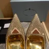 Satininsats Rhinestone Slingbacks Pumpar Mirror Leather Point Toe Cone Heel Stiletto klackar Sandaler Kvinnors lyxdesigner Klänning Kvällskor Storlekar 35-42 med låda