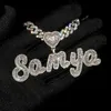 Pendant Necklaces Grandbling Custom Name Necklace with Heart Rhinestone Cuban Chain Word Necklace Iced Out CZ Personalized Hiphop Jewelry T230413