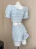 Vestido de duas peças elegante chique vintage tweed conjunto outfits manga bufante duplo breasted tops assimétricos mini saia ternos 231114