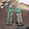 Dangle Earrings Vintage Carving Leaves For Women Ethnic Jewelry Bronze Color Teardrop-shaped Green Stone Hook