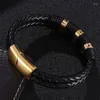 Charm Armbänder Modeschmuck Schwarz Doppelt Geflochtenes Leder Für Männer Gold Farbe Edelstahl Magnetverschluss Männliche Armreifen Geschenk FR0777