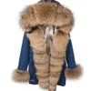 Frauen Pelz Faux Maomaokong Echt Waschbären Mantel Fuchs Kragen Denim Mäntel Winter Jacken Frauen Parkas Mit Kapuze Kaninchen Liner Jacke 231113