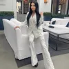 Women's Two Piece Pants Fashion Women Sexy Floral Embellished Blazer Set Party Long Sleeve Top Flare Pant Suit