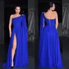Royal Blue A Line Prom Dresses One Shoulderchiffon Evening Split Ruffle Formal Long Special Ocn Party Dress