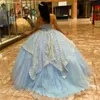 Sky Blue Quinceanera klänningar för söt 16 prinsessklänning Applique spetspärlor födelsedagsfest prom klänningar vestido de 15anos