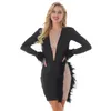 Casual Dresses Womens Sexy Shiny Bodycon Mesh Feather Patchwork Dress Deep V Neck Long Sleeve Solid Mini för Club Party