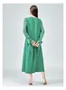 Casual Dresses 60m/m Heavy Silk Long Empty Round Neck Sleeve Women Stitching Bow Bandage Pleated Large Hem A-line Dress AE1260