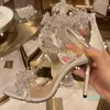 Sandali Crystal White High Heels Women Sweet Summer Ankle Wrap Shoes Thin Banquet Brand Peep Toe Covered