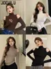 Womens TShirt Turtleneck Off Shoulder Long Sleeve Tshirt Thin Velvet Slim Bottom Shirt Spring and Autumn Korean Style Hollow Out Tops 231113