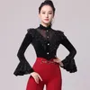 Stage Wear Long Sleeve Balloom Dance Tops Velvet Tango Clothing Adult Women Black Red Waltz Dancing Performance Costume DL11133