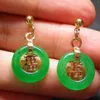 Kolczyki Dangle Fashion Natural Green Jade Fu Lucky Circle Yellow Gold Stud Akcesoria