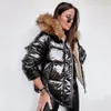 Пуховое пальто 2023, зимняя роскошная блестящая свободная куртка из искусственной кожи, женские парки с меховым воротником и капюшоном, женские бархатные толстые теплые хлопковые пальто большого размера 231113