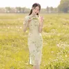 Roupas étnicas Mulheres elegantes Imprima flor Cheongsam Oriental Meninas Vestido de festa Vintage Manga curta qi pao ladras chinesas qipao