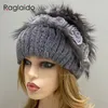 Beanieskull Caps Knitted Hat Women Natural Fur Rex Rabbit Floral Cap本物の毛皮ふわふわスタイリッシュな女性ボンネット231113