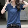 女性用Tシャツの夏のトップシャツvネックTシャツ女性半袖カジュアルルーズTシャツソリッドカラーTシャツプラスサイズのコットンTシャツ230414