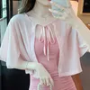 Damenblusen TingYiLi Sommer Sheer Chiffon Cropped Cardigan Woman Tie-Neck Flutter-Sleeve Shrug Korean Casual Black White Shirts Cover Up