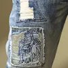 Herr jeans blå mönster lapp smal rak stretch denim byxbyxor jean för män 2023 höst mode broderi hip hop