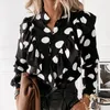 Damblusar Casual Leopard Dot Print Volanger Blus Skjorta Höst Vinter Långärmade Damskjortor Eleganta kontor Dam V-ringad knapp Toppar