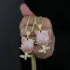 Luxury Hip Hop Rose Flower Pendant with Rope Chain 5mm Tennis Chain Plated Two Tone Necklace Wedding Jewelry Drop Ship