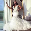 African Mermaid Wedding Dress Sweetheart Ruffle Royal Train Black Bride Dress Beading Formal Bridal Gown Plus Size