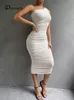 Casual Dresses Dressmecb White Double Layer Mesh Midi för kvinnor One Shoulder Backless Ruched Summer Dress Sexig Club Party Vestidos 230414