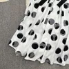 フランスのキキョーロングドレスサマーファッション3/4スリーブポロネックラップウエストショー薄い波ドットプリントAラインシャツドレス