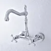 Keuken kranen zilveren kleur gepolijst chroom messing muur gemonteerde badkamer wastafel kraan swivel tuit mixer tap dual cross handles msF779