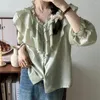 Kadın Bluzları Uzaylı Kitty M-L Retro Fransız Gömlekleri Kadınlar Ruffles Seksi 2023 Bahar İş Giyim İnce Zarif Katı Mujer Ofis Lady Chic