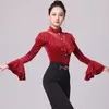 Stage Wear Long Sleeve Balloom Dance Tops Velvet Tango Clothing Adult Women Black Red Waltz Dancing Performance Costume DL11133