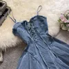 Casual Dresses 2023 Summer Bandage Jean Spaghetti Strap High Quality Denim Clothing