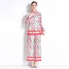 2 -stycken Pant Designer Home Wear Set Women Elegant Print Classic Lape Button Front Shirt and Wide Leg Pants Set 2023 Spring Fall Long Sleeve Runway Vacitis Suits