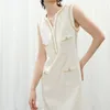 Women's Dress Designer Short Skirt 2023 Summer Haute Couture Mini Fragrance Metal Chain Pinstripe Style Sleeveless Dress