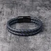 Charme pulseiras moda pulseira de couro genuíno para homens marrom preto corda corrente de aço inoxidável fecho magnético punk jóias legal presente