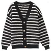 Women's Knits Black White Striped Fashion Cardigan Jacket 2023 Autumn Winter V-Neck Casual Knitted Loose Single Breasted Sweater
