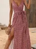 Casual Dresses Floral Print Beach sundresses Women Sexig rygglös långa klänningar Kvinna V Neck ärmlöst Bandage Elegant Maxi Dress Summer 230414