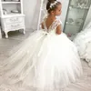 Vestidos de flor de flores brancas de renda branca para casamentos crianças com tulle bobo de tulle bola de pegolas de pegolas