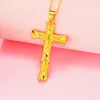 Pendant Necklaces Bamboo Cross With Wave Chain For Women Men Girl Yellow Gold Color Classic Fashion Jewelry