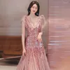 Ethnic Clothing Women Pink Sparkly Exquisite Sequins Evening Dress Elegant V-neck Backless Formal Long Fishtail Vestidos