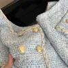 Vestido de duas peças elegante chique vintage tweed conjunto outfits manga bufante duplo breasted tops assimétricos mini saia ternos 231114