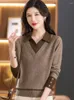 Damestruien Korea Stijl Patchwork Turn-down Kraag Mode Dame Uitloper Werk Gebreide Pullover Trui Shirt Dames Herfst Lente Casual