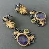 Boucles d'oreilles pendantes Boucle d'oreille en pierre naturelle violette Bijoux nationaux Toile d'araignée en métal bicolore Déclaration de style long pendentif