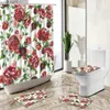 Douchegordijnen Kleine Bloem Douchegordijn Roos Plant Blad Aquarel Kunst Europese Stijl Decor Badmat Toilet Cover Badkamer Tapijt Set R231114