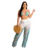 Summer Women 2023 Gradient Bikini Fringed Knitted Beach Crochet 2 Piece Set Beach Wear Cover Up Vacation Bottoms Pants Set