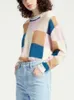 Kvinnors tröjor Kvinnors rutiga kontrastfärg Mohair Sweater 2023 Fall Ladies All-Match O-Neck Long-Sleeve Loose Pullover Knitwear