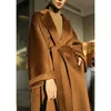 Womens Wool Blends Reversible Cashmere Coat Women Long Below The Knee HighEnd Water Ripple Autumn Winter Loose Laceup Outwear 231114