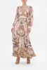 Casual klänningar 2023 Autumn/Winter Vintage Pink Flower Silk Print Gold Button Deep V-Neck Lantern Sleeve Long Dress Woman Maxi kjol