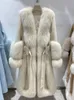 Женская зимняя куртка из искусственного меха с натуральным воротником, теплая шерстяная куртка на гусином пуху, женское осеннее розовое длинное пальто 231114