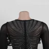 Plus Size Dresses Sexy Rhinestones Mesh Feather Patchwork Long Dress Sleeve Bodycon Knee Length Vestidos Club Party Robes